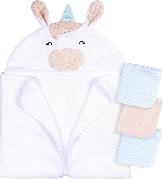 Gerber Baby 4 Piece Animal Character Hooded Towel and Washcloth Set, White Unicorn, One Size