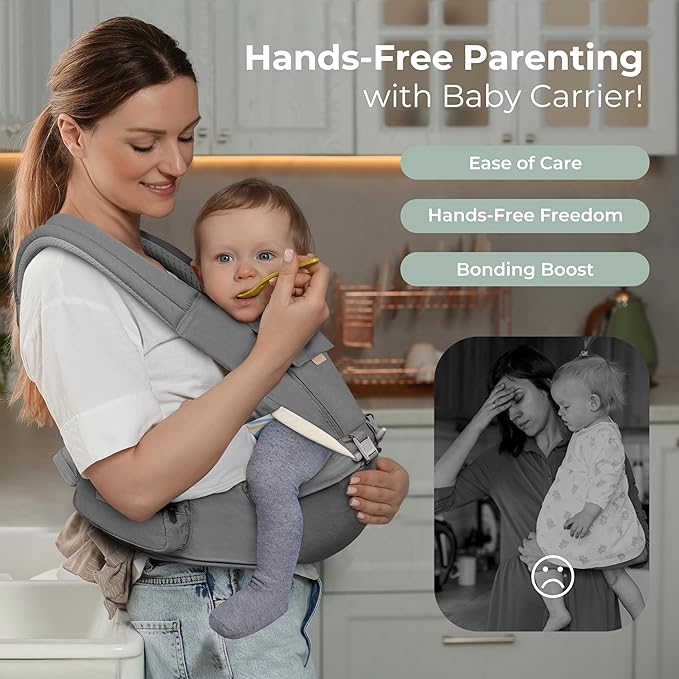 FRUITEAM 6-in-1 Baby Carrier with Waist Stool/Hip Seat for Breastfeeding, One Size Fits All - Adapt to Newborn, Infant & Toddler (Greyish)