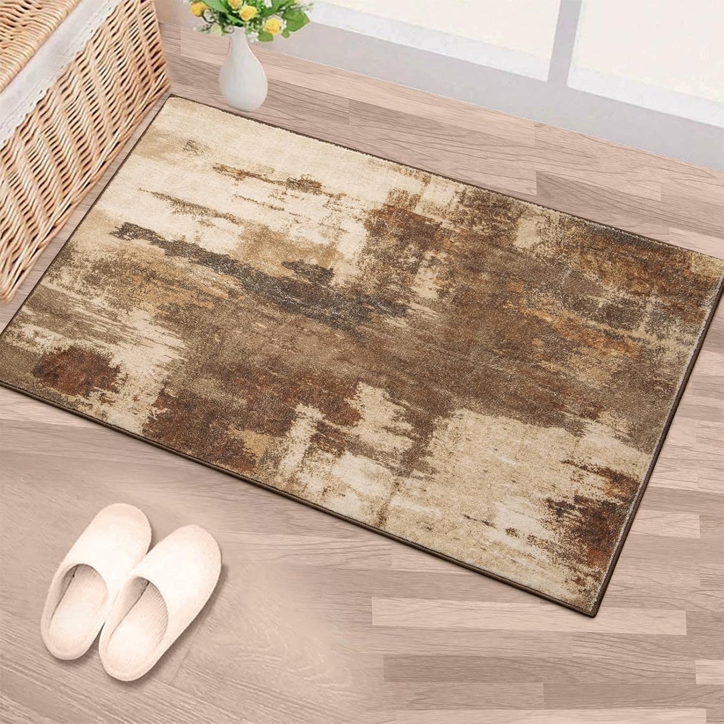 Kelarea 2x3 Brown Entryway Rug, Washable Abstract Small Rugs Non-Slip Low Pile Throw Rugs for Kitchen Floor, Front Door, Bedroom Bedside