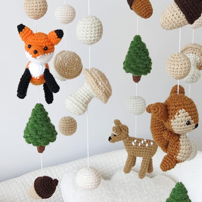 Woodland Mobile for Crib Forest Baby Crib Mobile for Boys Girls Crocheted Animals Baby Mobile for Crib