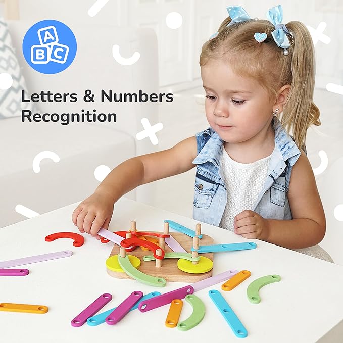 Bimi Boo Construction Activity Set: Premium Wooden Stacking Letters, Numbers, Shape Sorter Peg Board for Toddlers, Learning ABCs, Colors, Emotions (28 Sticks, 1 Board, 1 Guide Booklet)