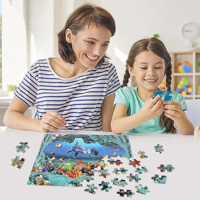 LELEMON Underwater World Puzzles for Kids Ages 4-8,100 Piece Ocean Dolphins Fishes Jigsaw Puzzle for Children,Learning Educational Toys for Boys and Girls