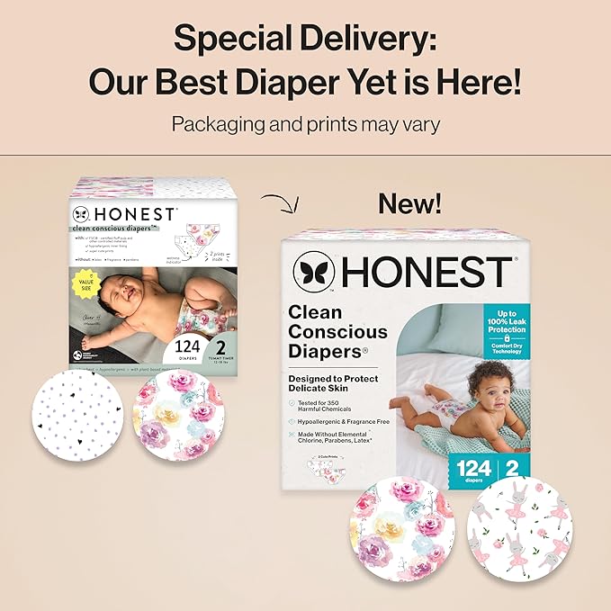 The Honest Company Clean Conscious Diapers for Delicate Skin | Up to 100% Leakproof | Hypoallergenic, Fragrance Free | Girl Prints | Super Club Box, Size 2 (12-18 lbs), 124 Count (Prints May Vary)