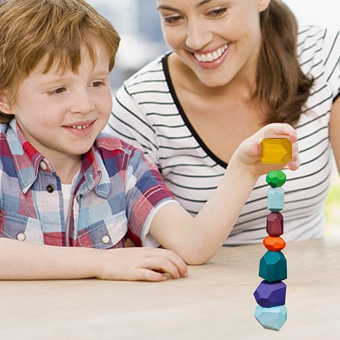 16 Pcs Wooden Stacking Blocks Rocks Building Toys, Colored Solid Wood Stones Pre-School Educational Games Creative Toys for Kids Toddlers