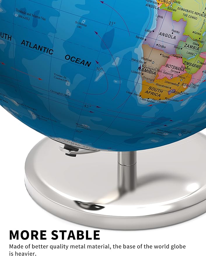 13" World Globe with Stand, Illuminated Educational Globes with HD Printed Map for Kids Classroom Learning, LED Globe Lamp with Stable Heavy Metal Base
