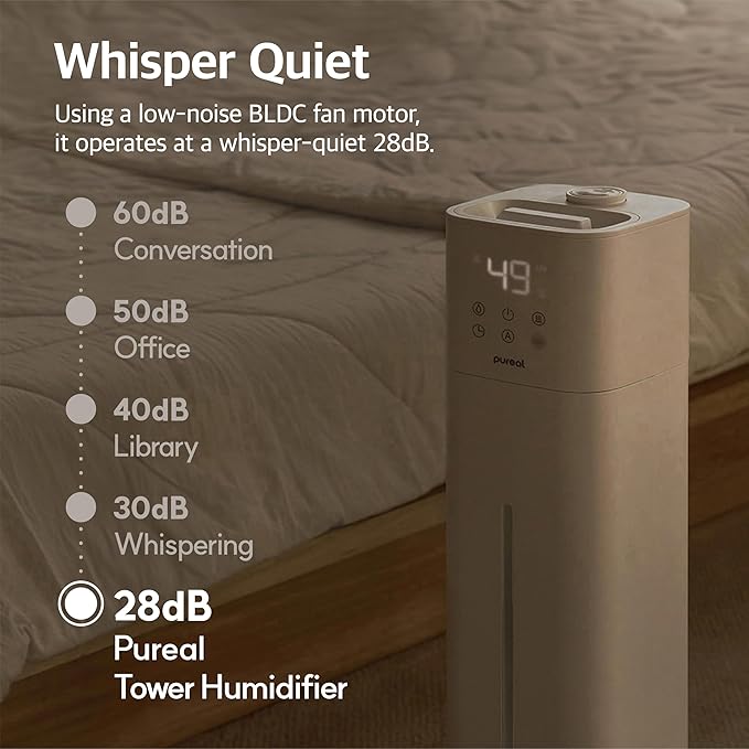 Pureal 10L Tower Humidifier, 83H Runtime, Warm & Cool Mist, Large Room, Top-Fill Tank On Wheels, Auto Mode, 12H Timer, Remote Control, Mood Light, White