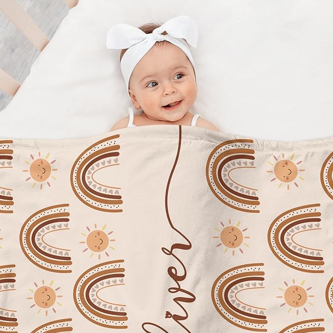 Custom Baby Shower Nursery Blanket, Personalized Blankets with Name, Customized Boho Rainbow Blanket for Girl, Newborn Baby Girls Shower Gifts for Christmas Birthday