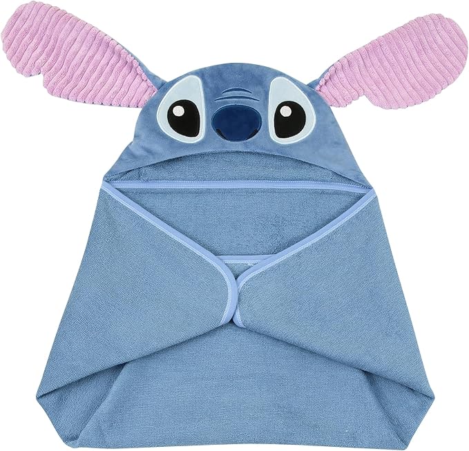 Lambs & Ivy Disney Stitch Luxury Blue Cotton Terry Hooded Baby Bath Towel