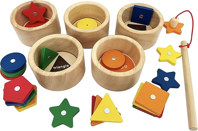 Dailyfunn Montessori Toy Wooden Sorting Cup&Fishing Game 2-in-1 Colors Shapes Sorting Matching Learning Toys for Toddlers 1-3 Year Old