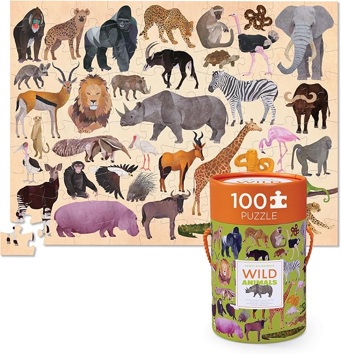 Crocodile Creek 100-Piece Jigsaw Puzzle for Kids Ages 5 and Up - Fun and Educational Table or Floor Puzzles - Storage Canister with Handle - Wild Animals - 14” x 19” Finished