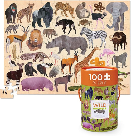 Crocodile Creek 100-Piece Jigsaw Puzzle for Kids Ages 5 and Up - Fun and Educational Table or Floor Puzzles - Storage Canister with Handle - Wild Animals - 14” x 19” Finished