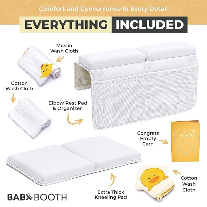 Bath Kneeler and Elbow Rest Pad, Extra Thick Baby Bath Kneeling Pad and Elbow Pad for Bathtub. Bath Tub Elbow Pad with Infant Toy and Baby Accessories Organizer, Off White Color