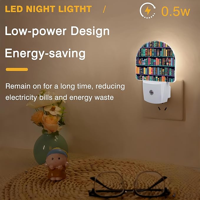 Book Night Light, Bookshelves Night Lights Plug into Wall Dusk to Dawn Sensor Round Nightlight for Women Men Energy Efficient Led Lamp 0.5W for Stairway Hallway Bedroom