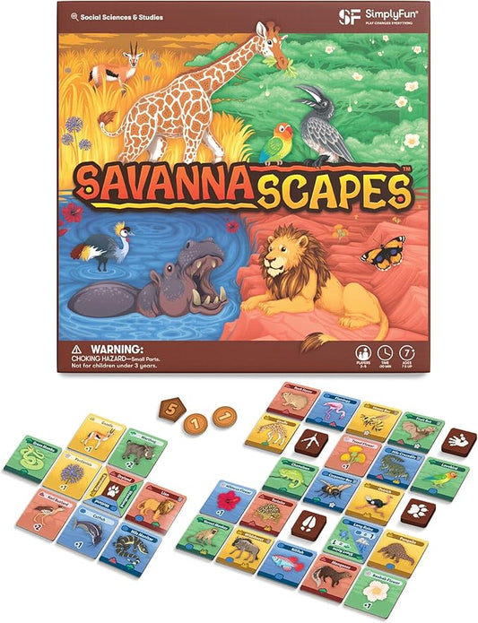 SimplyFun SavannaScapes - Learn About African Wildlife and Their Habitats. A Strategic and Educational Game for Kids Ages 7 & Up - 2 to 5 Players