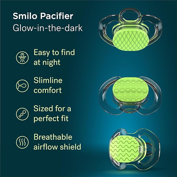 Smilo Baby Pacifier with Orthodontic Design for Healthy Dental Development - Stage 1 for Babies 0-3 Months - Pack of 3X 100% Silicone Newborn Pacifiers BPA Free - Glow-in-The-Dark