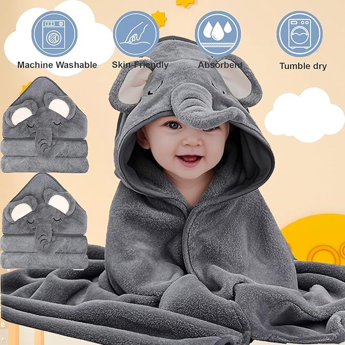 2 Pack Toddler Towels with Hood for Boys Girls, Soft Hooded Baby Bath Towels, Coral Fleece Thick Shower Bath Towel for Newborn(Gray)