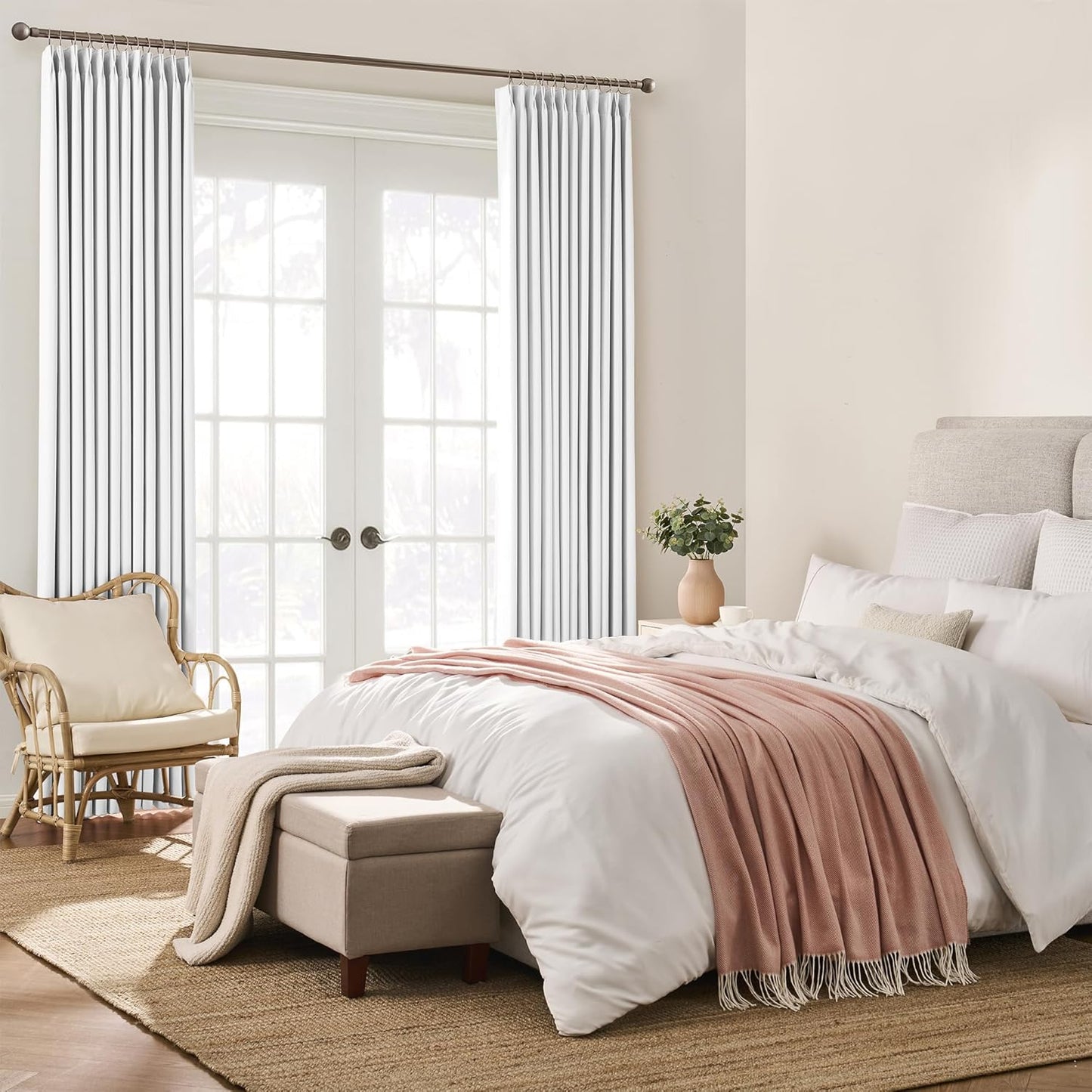 KEQIAOSUOCAI White Linen Pinch Pleat Curtains 92 Inches Long 2 Panels for Living Room Bedroom Snow White Pleated Hooks Elegant Luxury Privacy Curtain Drapes 92 Inch Length