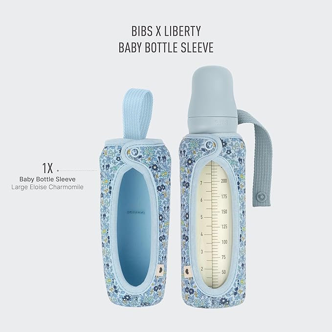 BIBS x Liberty Baby Bottle Cover Large 225ml - Neoprene Protective Cover for BIBS Bottles - Liberty Print Design, Large, Charmomile Lawn Baby Blue