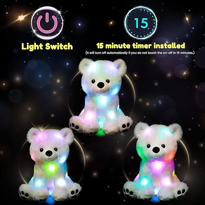 Hopearl LED Plush Polar Bear Lighting Up Stuffed Animal Floppy Night Lights Glow in The Dark Birthday Festival for Kids Boys Girls Toddlers, White, 11''