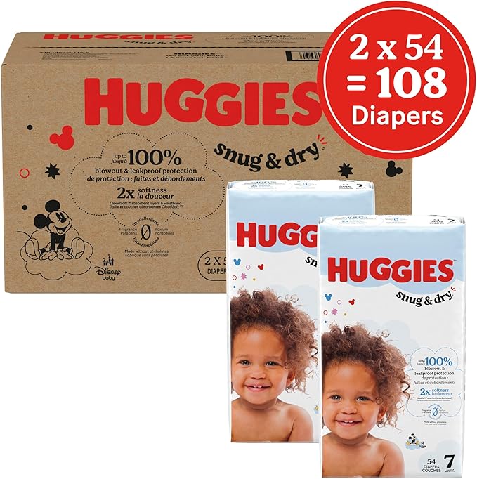 Huggies Size 7 Diapers, Snug & Dry Baby Diapers, Size 7 (41+ lbs), 108 Count (2 Packs of 54), Packaging May Vary