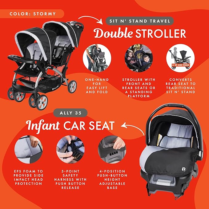 Baby Trend Infant and Toddler Double Stroller & Car Seat Combo, 2 Pc Set, Stormy - Portable and Lightweight Stroller Duo and Car Seat Travel System Tandem