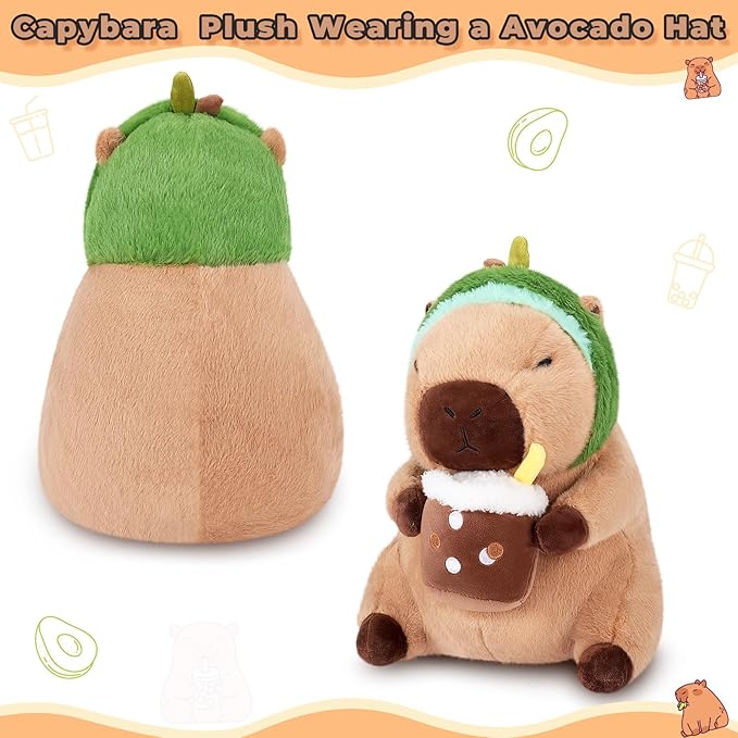 Achwishap Capybara Plush,Cute Plushies Capybara Stuffed Animals,Capybara Plush Toys,Kawaii Plushie Stuffed Toy with Avocado Hat Plushies Gift for Kids Adults Birthday(Capybara with Avocado Hat,12”)