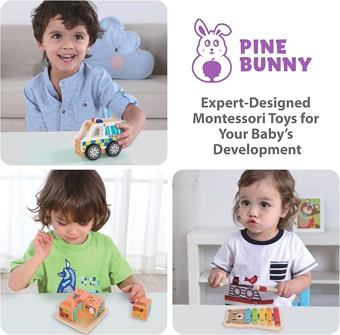 Pine Bunny Montessori Wooden 10-in-1 Toy Set for 19+ Months, Police Car, Triangular Lockbox, Cutting Fruits, Farm Cube Puzzle, Bear Xylophone, Educational Learning Problem Solving Music Toddler Toys