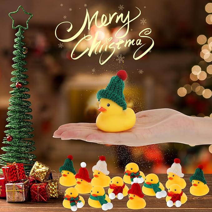 Jerify 120 Pieces Christmas Rubber Ducks with Classic Knitting Hats and Stripe Scarves Mini Cute Yellow Duck for Xmas Swimming Pool Birthday Party Bath Baby Shower