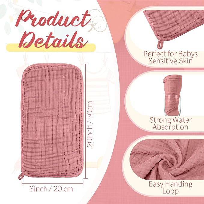 VitalCozy 6 Pcs Baby Muslin Hooded Bath Towels and Washcloths, 32 x 32 Inch Muslin Cotton Hooded Baby Towels Absorbent Blankets for Gift Newborn Infant Shower(Light Bean Paste, Rose Pink)