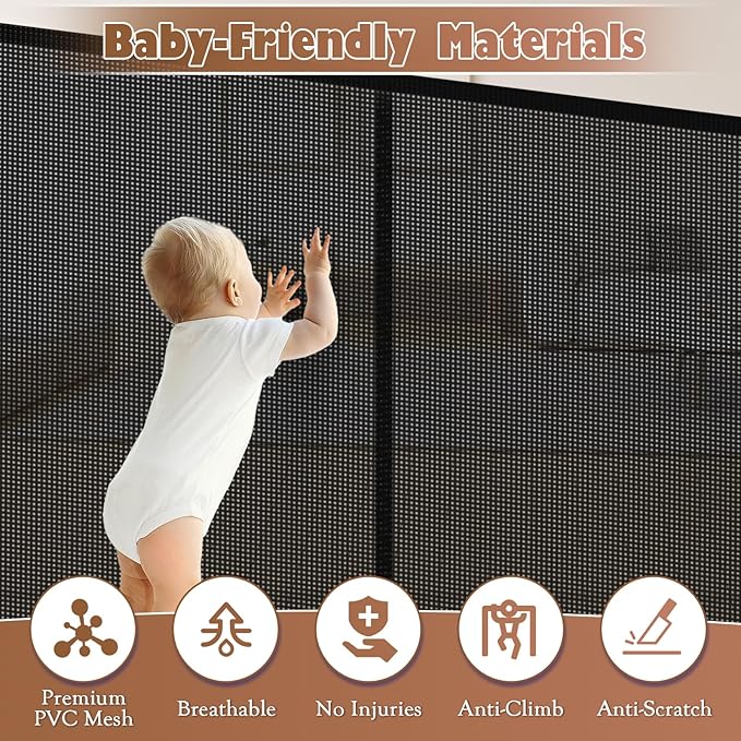 55" Retractable Baby Gate Extra Wide, 41" Tall Retractable Dog Gate for Stairs, Doorways, Decks, Mesh Gate Long Child Gate Pet Gate for Indoor, Outdoor, with Reinforced Mesh Rods, Dual Locks