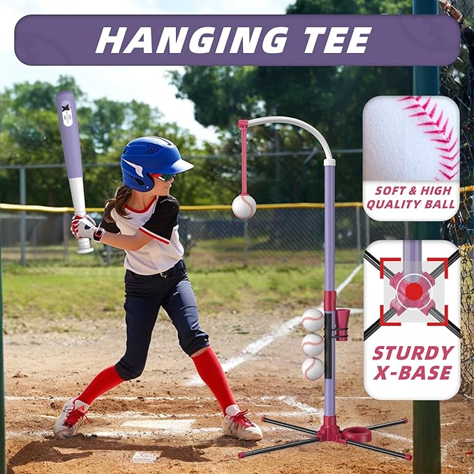 3-in-1 T Ball Set - Adjustable Height, Hanging Tee Ball Set with Automatic Pitching Machine/6 Balls/Retractable Bat, TBall Stand Suit for Outdoor, Sport Toys Gifts for Kids Girls Age 3+