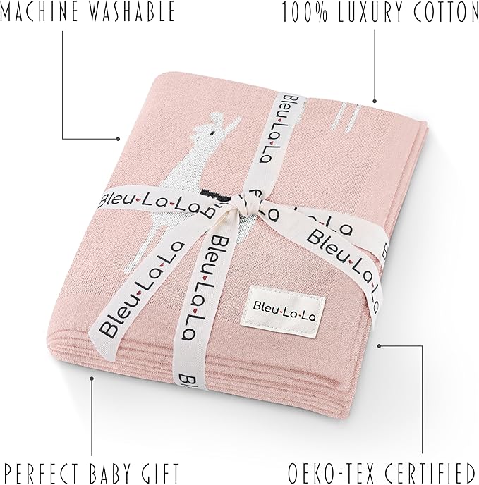 Knit Swaddling Baby Blanket - 100% Fine Loomed Cotton Cozy Receiving Cuddle Stroller Crib Swaddling Stroller Swaddle Quilt Blanket for Newborns Infants Toddler Boys and Girls (Llama - Pink)