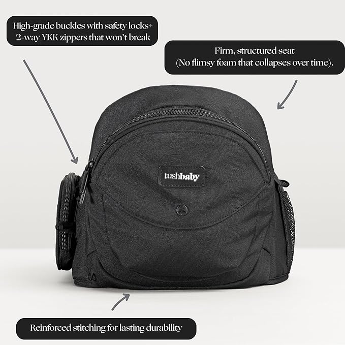 Tushbaby The Original Premium Quality Hip Seat Carrier – Safety-Certified Baby & Toddler Carrier with Secure Safety Buckles, No-Flimsy-Foam Design, Storage Pockets & Nursing Pillow. 0–3 yrs