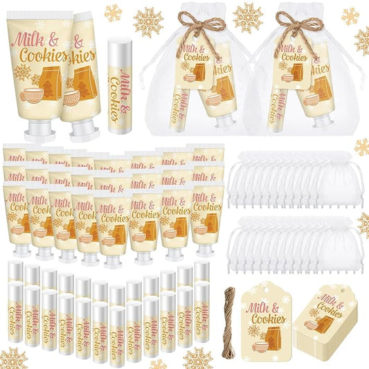 24 Sets Milk Cookies Hand Cream and Lip Balm Gifts Gingerbread Snowflake Baby Shower Favors for Guests Travel Size Hand Lotion and Lip Balm with Organza Bag and Tag Wedding Bridal Shower Party Supply
