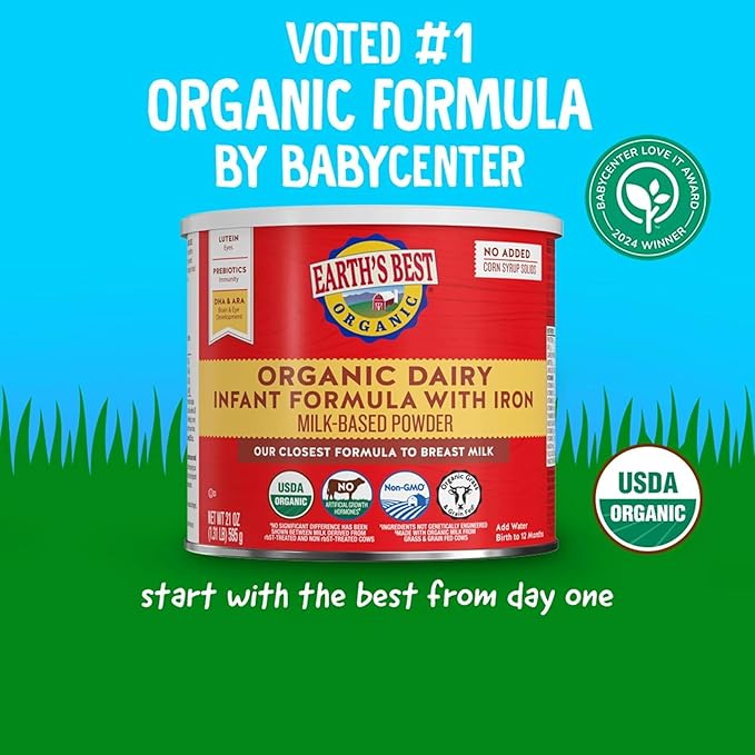 Earth's Best Organic Dairy Infant Formula for Babies 0-12 Months, Milk-Based Powder Formula with Iron, Omega-3 DHA, and Omega-6 ARA, 21 Ounce Container