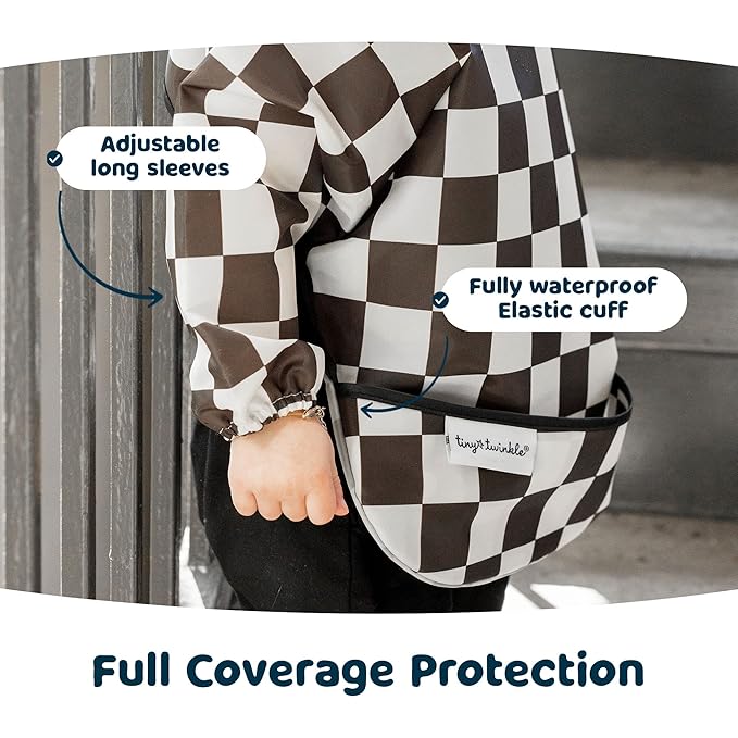 Tiny Twinkle Long Sleeve Bib for Babies & Toddlers – Waterproof Smock Bib for Eating – Machine Washable & Mess-Proof, Baby Feeding Essential & Shower Must-Have(Checkers Black, 6–24M)