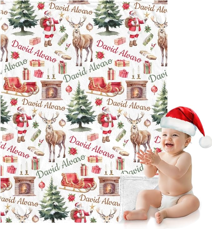 Ship Next Day - Custom Christmas Baby Blanket with Name | Multiple Styles Optional, Personalized Flannel Toddler Blanket, Christmas Swaddle for Boys & Girls, Xmas Decor Throw