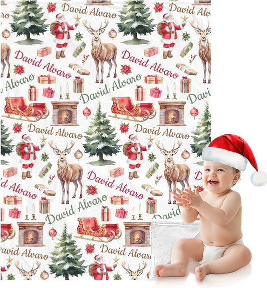 Ship Next Day - Custom Christmas Baby Blanket with Name | Multiple Styles Optional, Personalized Flannel Toddler Blanket, Christmas Swaddle for Boys & Girls, Xmas Decor Throw