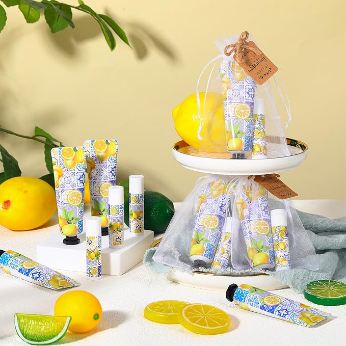 24 Sets Lemon Hand Cream and Lip Balm Gift Lemon Bridal Baby Shower Party Supply Travel Size Hand Lotion and Lip Balm Bulk with Organza Bag and Tag Wedding Baby Shower Party
