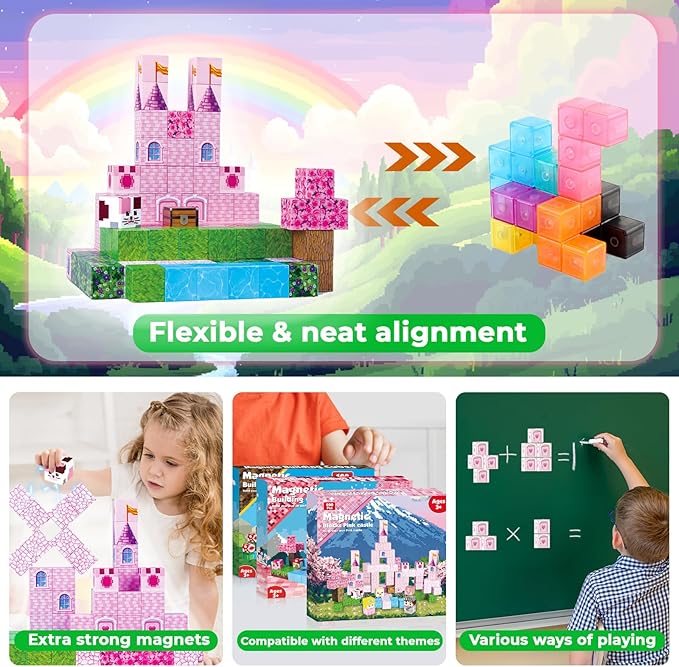 Magnetic Blocks-100PCS Magnetic Building Blocks, Princess Castle Building Set, STEM Learning Toys for Kids Ages 3-8