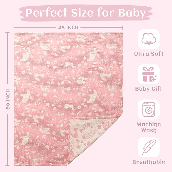 NTBAY 3 Layer Toddler Blanket, Muslin Cotton Jacquard Bed Blankets, Lightweight Thermal Baby Blanket, Super Soft and Warm Crib Blanket for All Seasons, Decoration Gift, 45"x60", Pink Owl