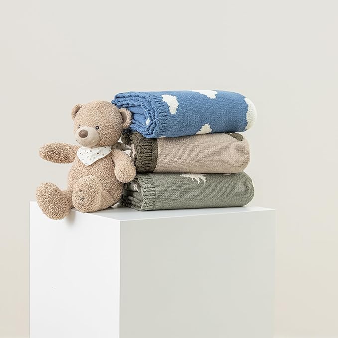 Berkshire Baby Blanket,Ultra-Plush Reversible Chenille Knit Toddler Blanket,Cute Pattern Nursery Crib Blanket,Ideal Baby Gift(30x40 Inches,Bouncy Clouds Harbor Blue)