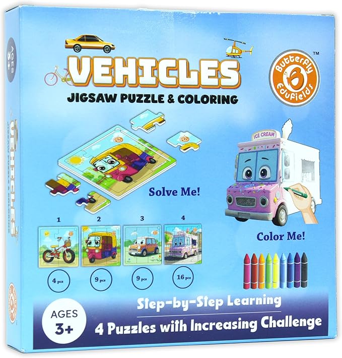 Butterfly EduFields 4-in-1 Vehicles Jigsaw Puzzle Set for Kids Age 3-7 | 38 Pcs Brain-Boosting Puzzle Toy with Coloring Worksheets for Boys & Girls | Preschool Learning