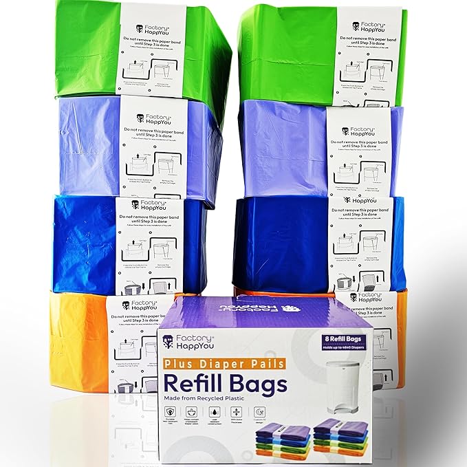 Factory Happyou® Pack of 8 Refills Compatible with Dekor Plus Diaper Pail Refills & Dekor Diaper Pail Refill Bags, 394 in Long, 30% Thicker, Advanced Odor Control. Each Roll Holds up to 600 Diapers