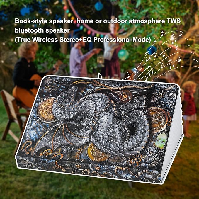 3D Dragon Bluetooth Speaker with Night Light, 3W Portable Wireless Music Mood Book Lamp for Outdoor or Home Party, Decorative Faux Books Decor for Office