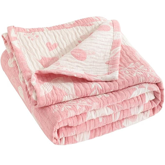 NTBAY 3 Layer Toddler Blanket, Muslin Cotton Jacquard Bed Blankets, Lightweight Thermal Baby Blanket, Super Soft and Warm Crib Blanket for All Seasons, Decoration Gift, 30"x40", Pink Owl