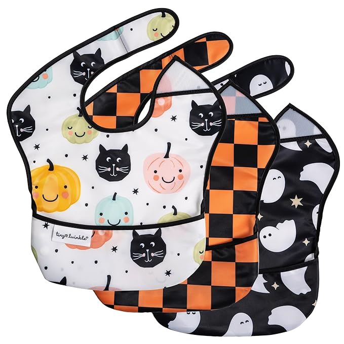 Tiny Twinkle Mess Proof Baby Bibs for Eating – Waterproof, Wipeable Toddler Bibs with Pocket – Baby Food Bibs for Girls & Boys(3 Pack,Halloween)