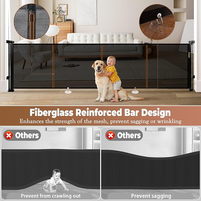 160" Retractable Baby Gate Extra Wide, 41" Tall Retractable Dog Gate for Stairs, Doorways, Decks, Mesh Gate Long Child Gate Pet Gate for Indoor, Outdoor, with Reinforced Mesh Rods, Dual Locks