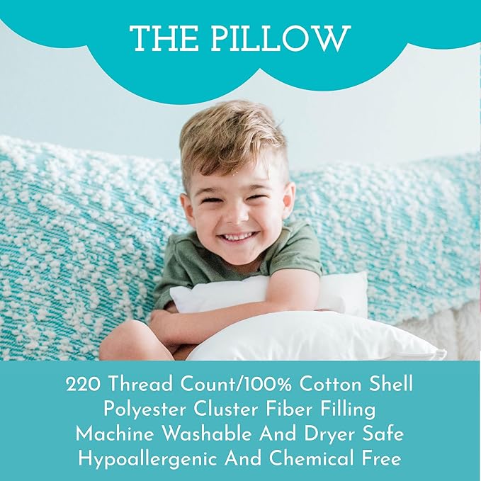 Little Sleepy Head Toddler Pillow with Pillowcase 13x18 - Kids Pillow for Sleeping - Better Neck Support Ergonomic Pillow and Toddler Pillowcase - Best Pillows for Kids (Checkers Baby Blue)
