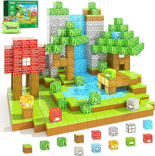 100PCS Magnetic Blocks - Build Mine Magnet World Forest Dinosaur Edition, Sensory STEM Construction Building Toys Kids Games for Toddler Christmas Birthday Gifts for 3 4 5 6 7 8 Years Old Girls & Boys